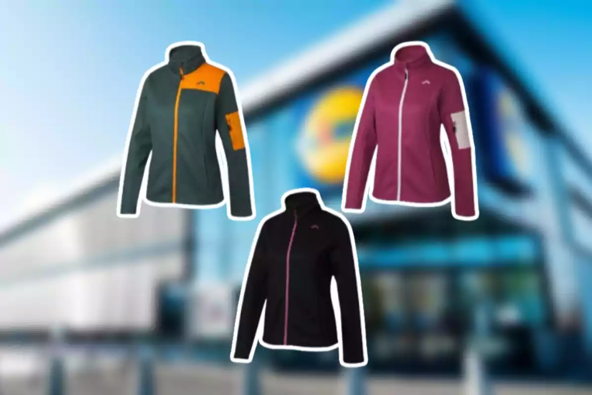 Tres chaquetas deportivas de diferentes colores sobre un fondo desenfocado de una tienda