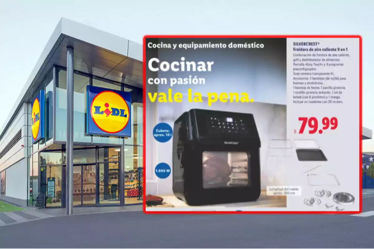 Fachada de una tienda Lidl con un anuncio destacado de una freidora de aire caliente Silvercrest en oferta por 79,99 euros