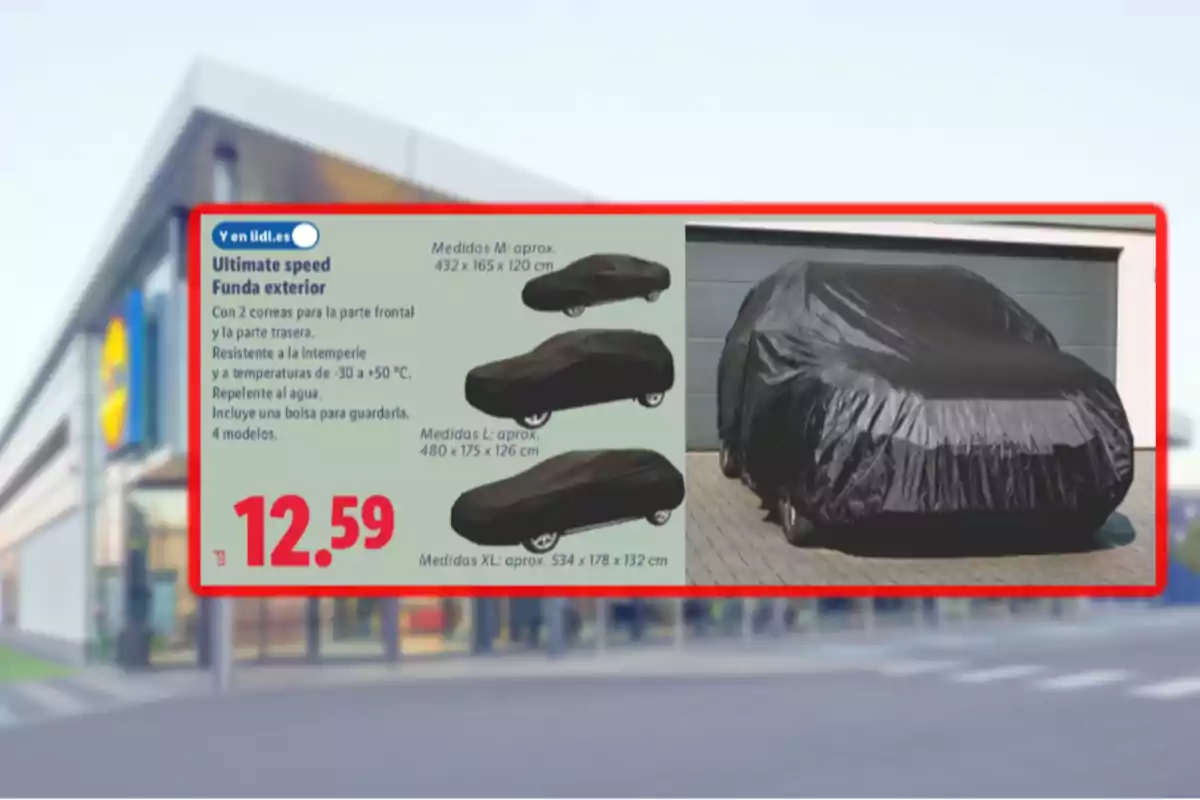Publicidad de una funda exterior para coche resistente al agua y a la intemperie disponible en varias tallas con un precio de 12.59 euros y una imagen de un coche cubierto con la funda negra frente a un garaje