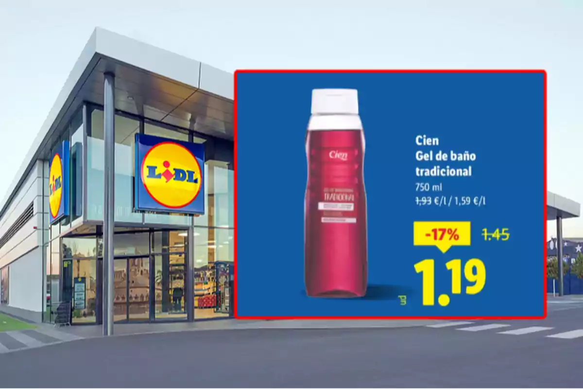 Fachada de supermercado Lidl con una promoción de gel de baño Cien a 1,19 euros destacada en un recuadro azul Fachada de supermercado Lidl con una promoción de gel de baño Cien a 1,19 euros destacada en un recuadro azul