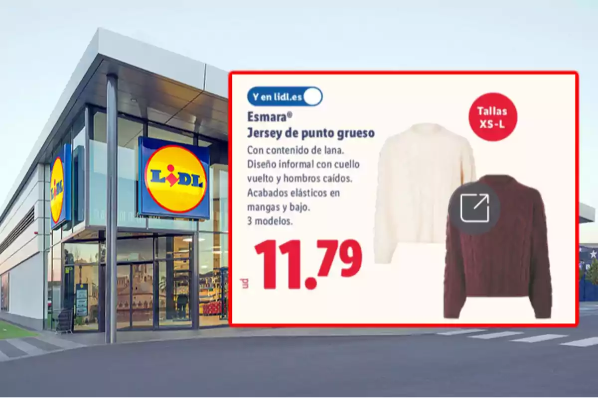 Fachada de una tienda Lidl con un anuncio de jerseys de punto grueso Esmara en tallas XS a L por 11.79 euros