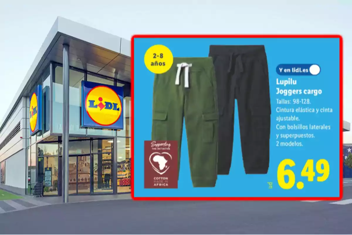 Fachada de una tienda Lidl con un anuncio de pantalones jogger cargo para niños de 2 a 8 años en colores verde y negro a un precio de 6.49 euros