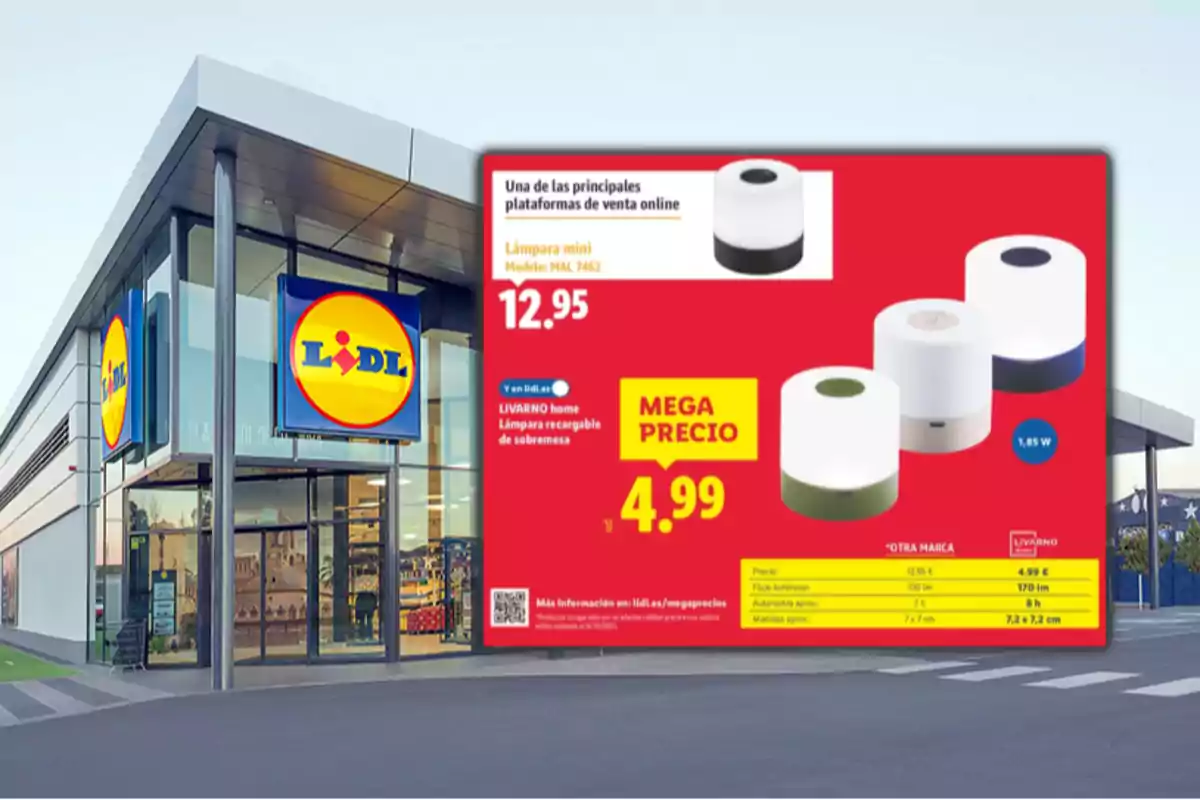 Fachada de una tienda Lidl con un cartel promocional de lámparas mini recargables de sobremesa en oferta a 4,99 euros sobre un fondo rojo Fachada de una tienda Lidl con un cartel promocional de lámparas mini recargables de sobremesa en oferta a 4,99 euros sobre un fondo rojo