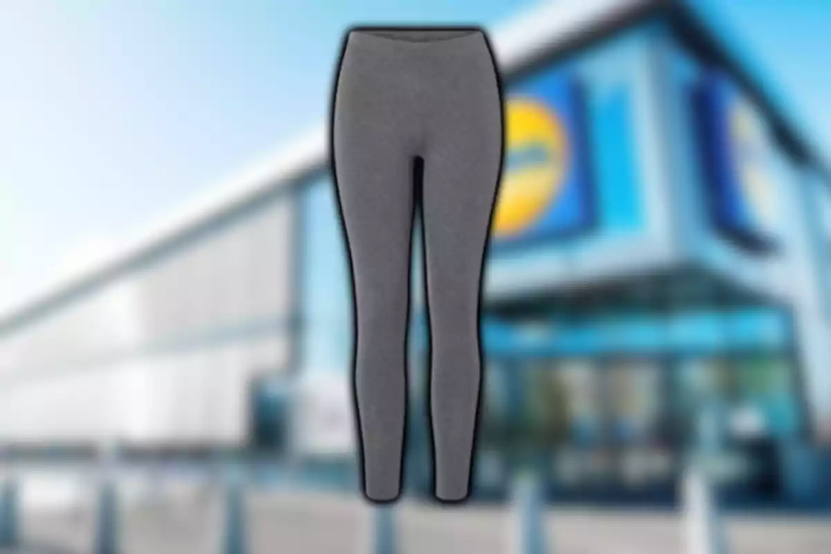 Pantalones tipo leggings grises frente a una tienda con fachada moderna desenfocada
