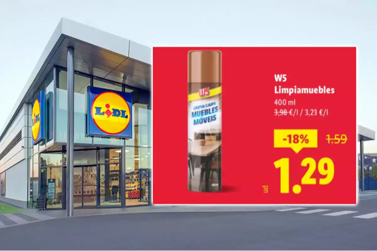 Fachada de una tienda Lidl con una promoción de limpiamuebles W5 de 400 ml a 1,29 euros destacada en un cartel rojo