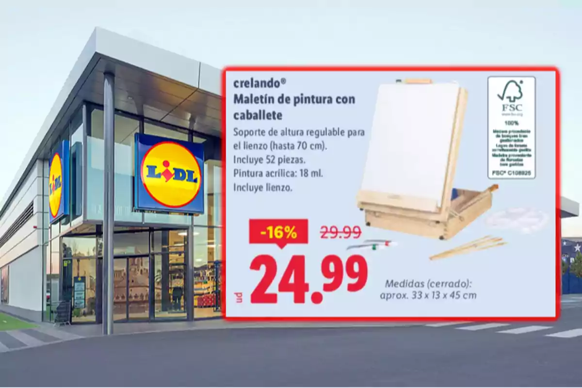 Fachada de una tienda Lidl con un anuncio de un maletín de pintura con caballete en oferta a 24.99 euros