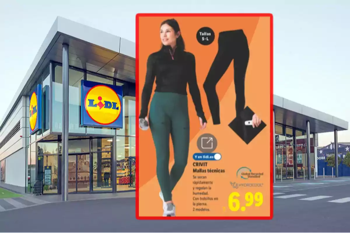 Fachada de una tienda Lidl con un anuncio de mallas técnicas para mujer en primer plano mostrando el precio y características del producto Fachada de una tienda Lidl con un anuncio de mallas técnicas para mujer en primer plano mostrando el precio y características del producto