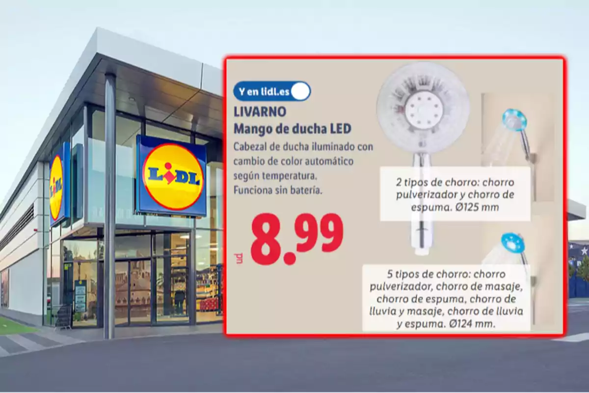 Fachada de una tienda Lidl con un anuncio de un mango de ducha LED Livarno que cambia de color según la temperatura y cuesta 8,99 euros