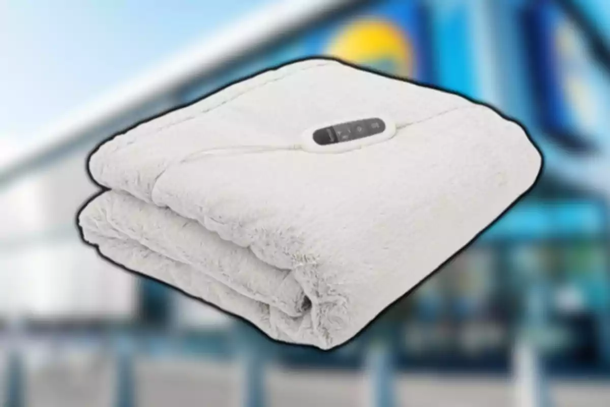 Manta eléctrica blanca doblada con control remoto sobre un fondo desenfocado de una tienda