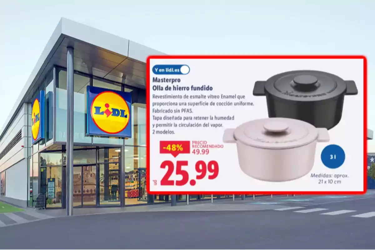 Fachada de una tienda Lidl con un anuncio de una olla de hierro fundido Masterpro en oferta a 25.99 euros destacando dos modelos en color negro y blanco
