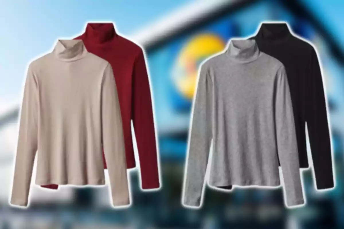 Cuatro suéteres de manga larga con cuello alto en colores beige, rojo, gris y negro sobre un fondo desenfocado Cuatro suéteres de manga larga con cuello alto en colores beige, rojo, gris y negro sobre un fondo desenfocado