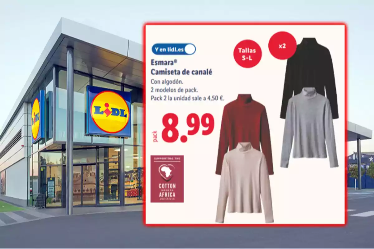 Fachada de una tienda Lidl junto a una promoción de camisetas de canalé Esmara en pack de dos unidades por 8,99 euros disponibles en varias tallas y colores Fachada de una tienda Lidl junto a una promoción de camisetas de canalé Esmara en pack de dos unidades por 8,99 euros disponibles en varias tallas y colores