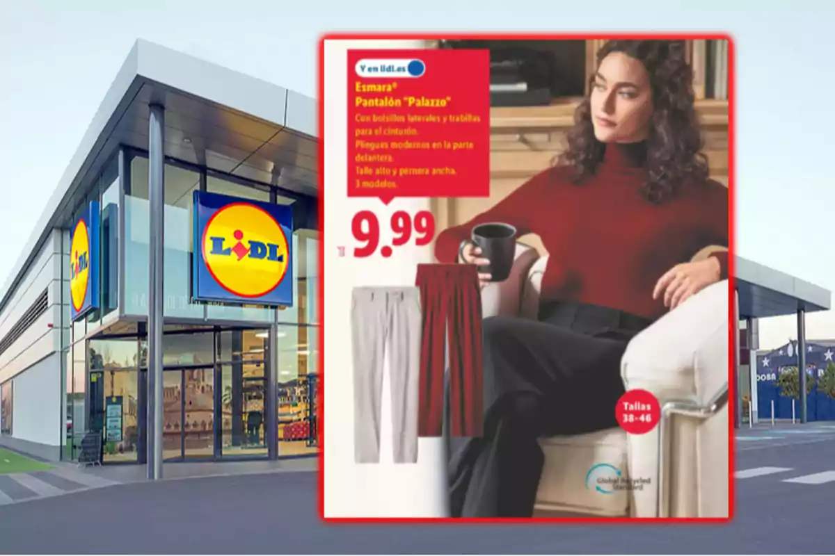 Fachada de una tienda Lidl con un anuncio de pantalones Esmara Palazzo en oferta por 9.99 euros mostrando una mujer sentada y dos modelos de pantalón en colores claros y oscuros