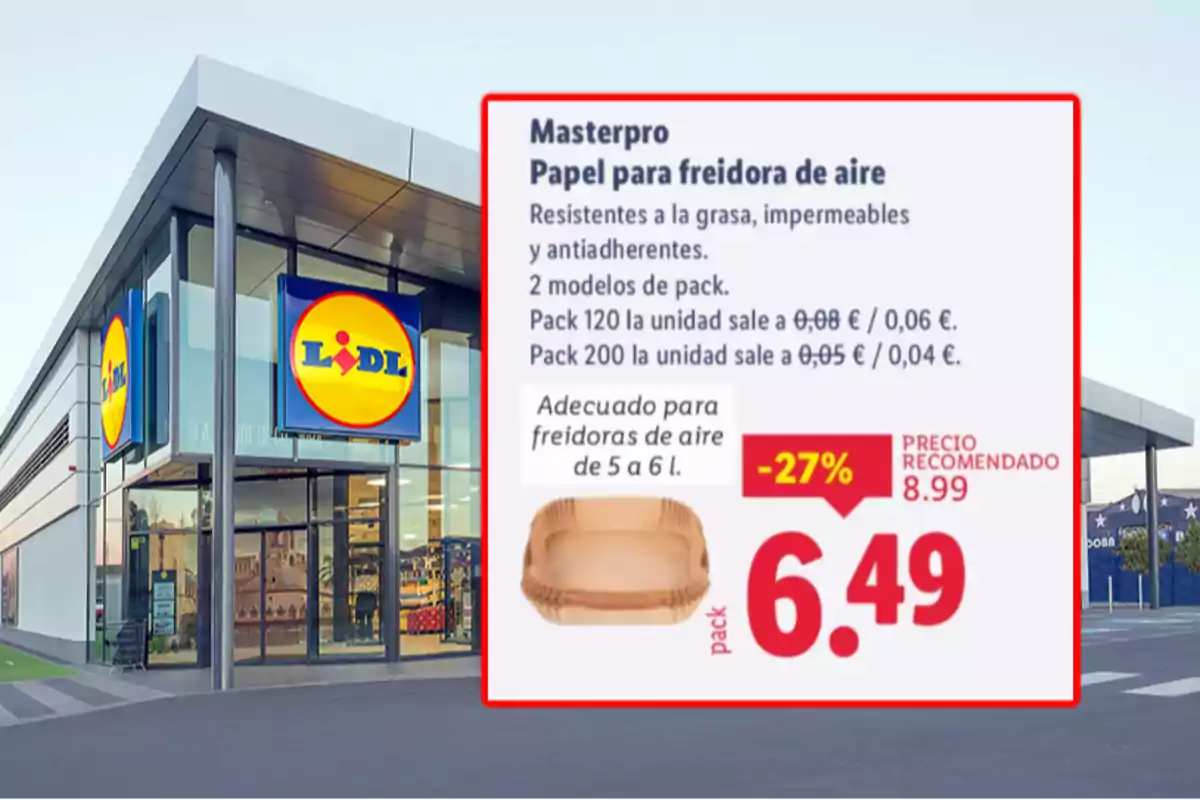 Fachada de una tienda Lidl con un cartel promocional de papel para freidora de aire Masterpro en oferta a 6.49 euros con un descuento del 27 por ciento Fachada de una tienda Lidl con un cartel promocional de papel para freidora de aire Masterpro en oferta a 6.49 euros con un descuento del 27 por ciento