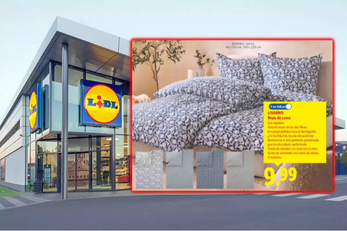 Fachada de una tienda Lidl con un anuncio de juego de ropa de cama en oferta por 9,99 euros en la esquina derecha