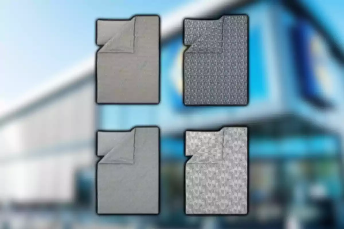 Cuatro edredones de diferentes colores y patrones sobre un fondo borroso de edificio moderno