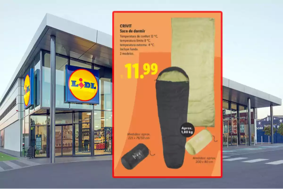 Fachada de una tienda Lidl con un anuncio de saco de dormir Crivit en oferta por 11.99 euros mostrando dos modelos y sus características principales
