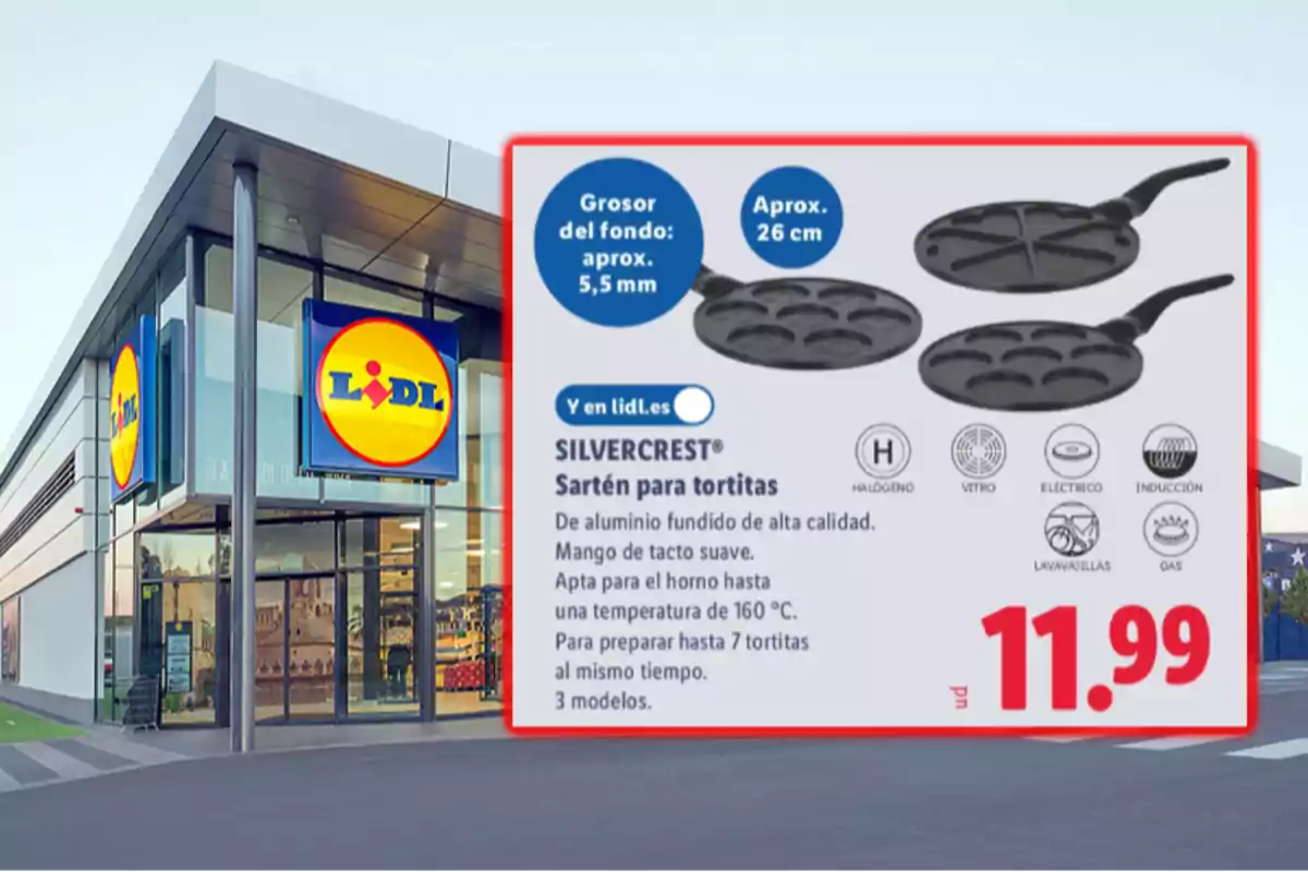 Fachada de una tienda Lidl con un anuncio de sartén para tortitas Silvercrest de aluminio fundido, compatible con varios tipos de cocina y precio de 11.99 euros