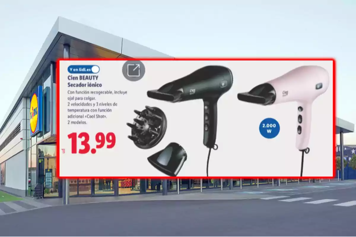 Secador iónico Cien Beauty en oferta por 13.99 euros en un folleto de Lidl con dos modelos en color negro y rosa y accesorios incluidos frente a la entrada de una tienda
