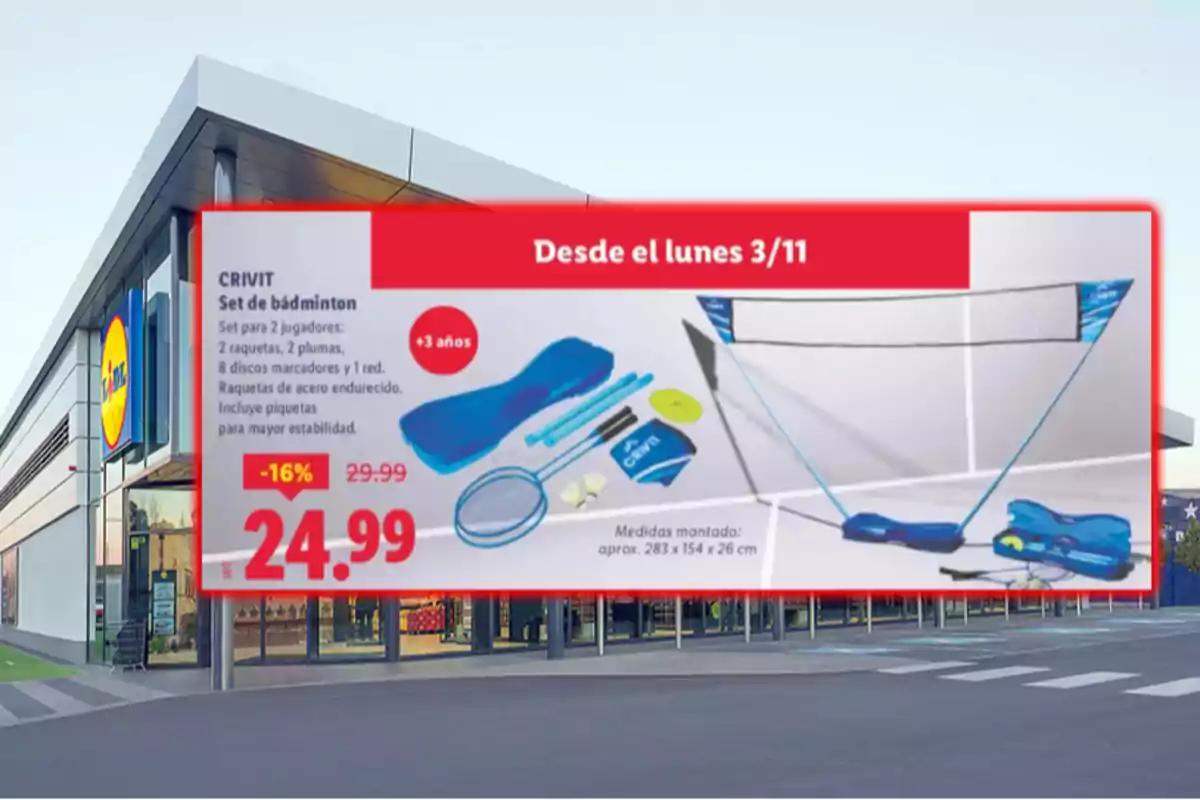 Publicidad de un set de bádminton para dos jugadores en una tienda Lidl con precio rebajado a 24.99 euros disponible desde el lunes 3 de noviembre