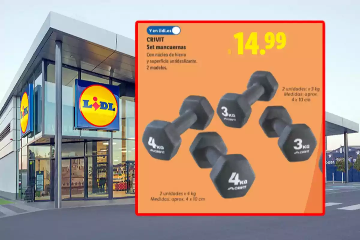 Fachada de una tienda Lidl con un anuncio de oferta de mancuernas Crivit de 3 y 4 kilos por 14,99 euros