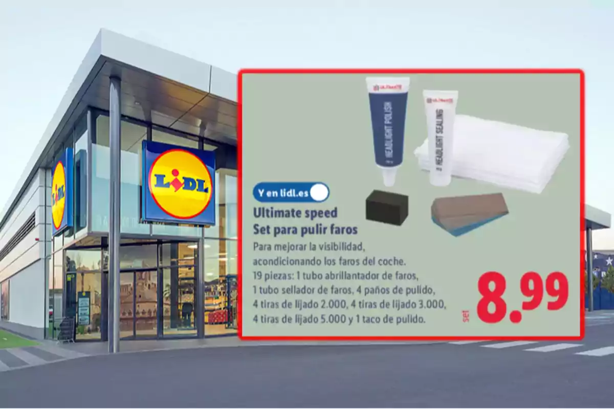 Fachada de una tienda Lidl con un anuncio de un set para pulir faros de coche Ultimate Speed por 8,99 euros que incluye productos y accesorios para mejorar la visibilidad de los faros Fachada de una tienda Lidl con un anuncio de un set para pulir faros de coche Ultimate Speed por 8,99 euros que incluye productos y accesorios para mejorar la visibilidad de los faros