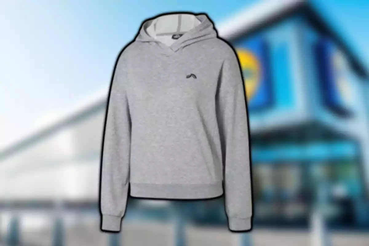 Sudadera gris con capucha al frente de un edificio desenfocado