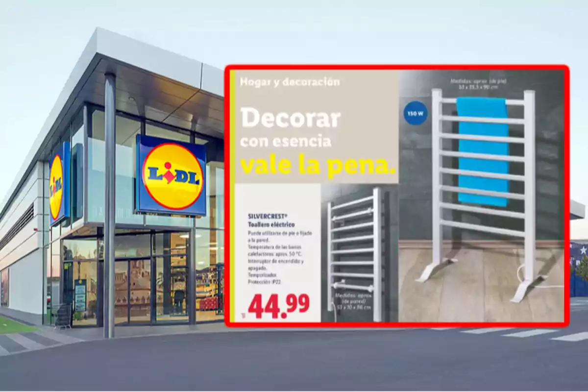 Fachada de una tienda Lidl con un cartel promocional de un toallero eléctrico Silvercrest en oferta por 44.99 euros