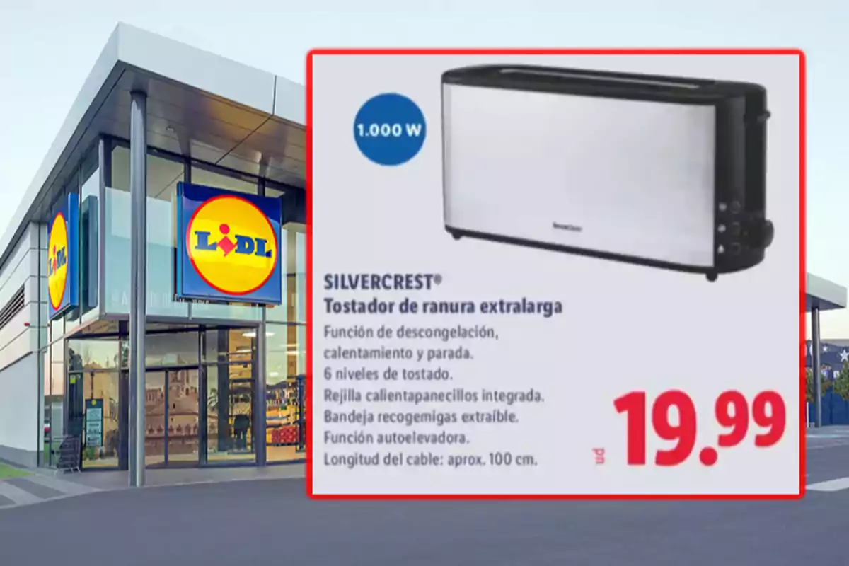 Fachada de una tienda Lidl con un anuncio de un tostador Silvercrest de ranura extralarga en oferta por 19.99 euros Fachada de una tienda Lidl con un anuncio de un tostador Silvercrest de ranura extralarga en oferta por 19.99 euros
