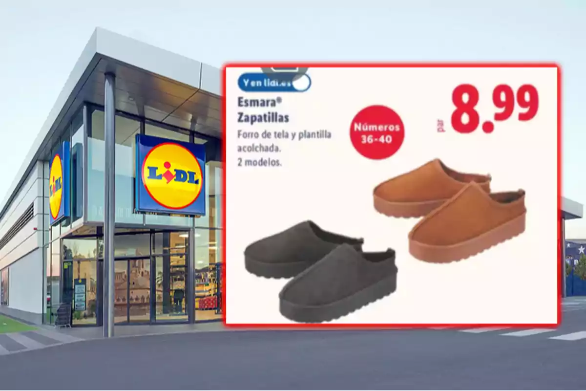 Fachada de una tienda Lidl con un anuncio de zapatillas Esmara en dos colores diferentes a un precio de 8.99 euros por par, disponible en tallas 36 a 40.