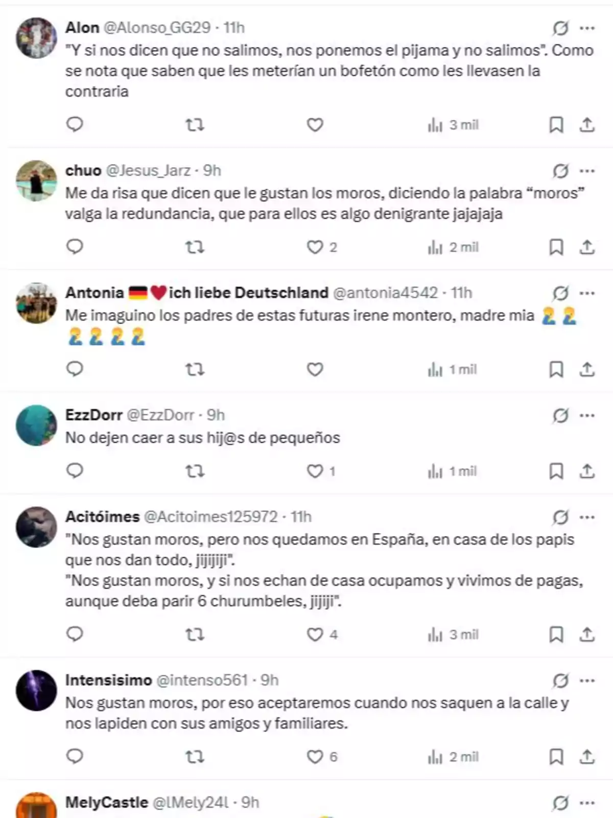 Captura de pantalla de una serie de tuits en español donde varios usuarios comentan de forma sarcástica y crítica sobre estereotipos y prejuicios relacionados con personas inmigrantes y temas sociales en España