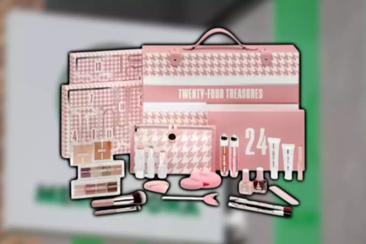 Estuche rosa con diseño de pata de gallo que contiene varios productos de maquillaje y belleza organizados en compartimentos numerados