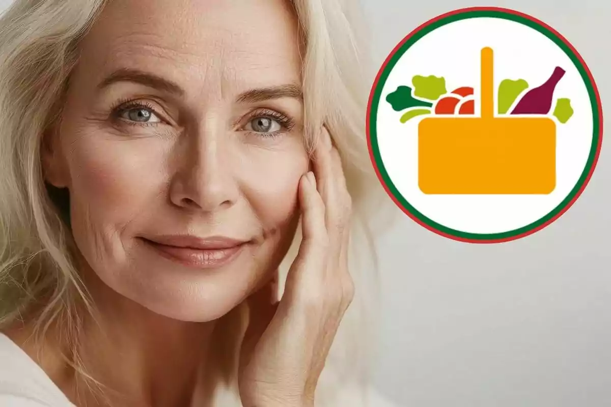 Mujer de cabello canoso sonriendo suavemente con una mano en el rostro y un ícono de canasta de alimentos al fondo