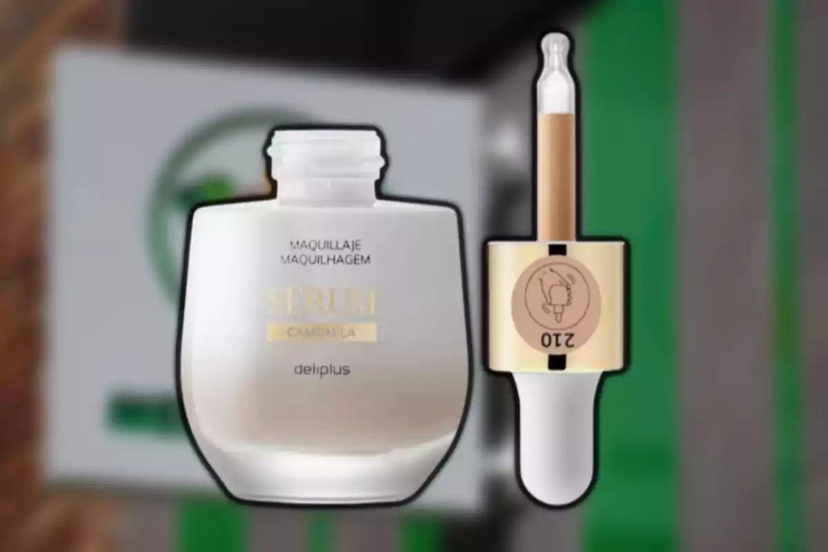 Frasco de sérum de camomila de la marca Deliplus junto a un gotero con líquido beige sobre un fondo desenfocado. Frasco de sérum de camomila de la marca Deliplus junto a un gotero con líquido beige sobre un fondo desenfocado.