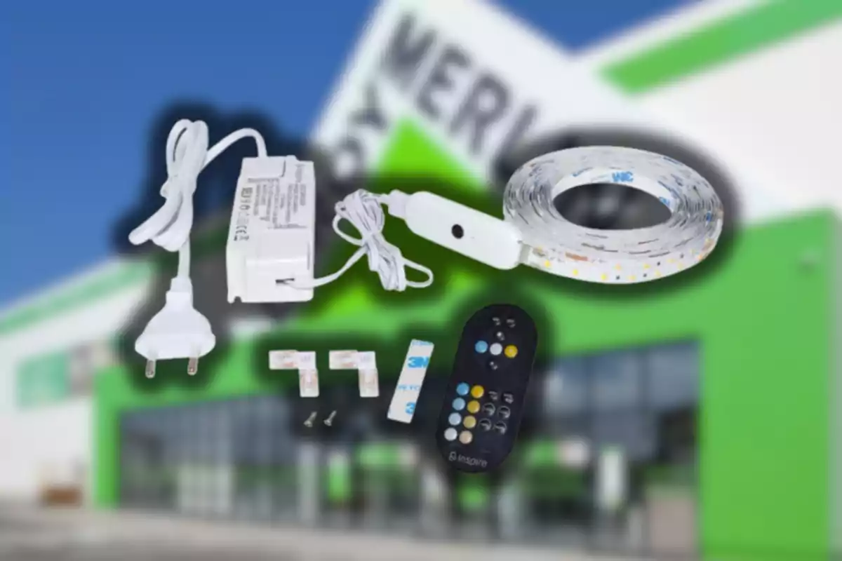 Kit de tira LED con control remoto, adaptador de corriente, conectores y cinta adhesiva sobre un fondo de tienda difuminado Kit de tira LED con control remoto, adaptador de corriente, conectores y cinta adhesiva sobre un fondo de tienda difuminado