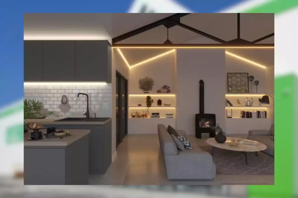 Sala moderna con iluminación LED indirecta, cocina de estilo minimalista y estufa de leña junto a estanterías decorativas Sala moderna con iluminación LED indirecta, cocina de estilo minimalista y estufa de leña junto a estanterías decorativas
