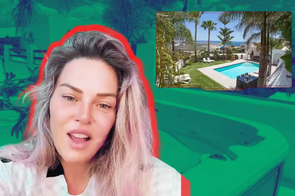 Mujer de cabello rubio con fondo colorido y una imagen de una casa con alberca y palmeras en la esquina superior derecha
