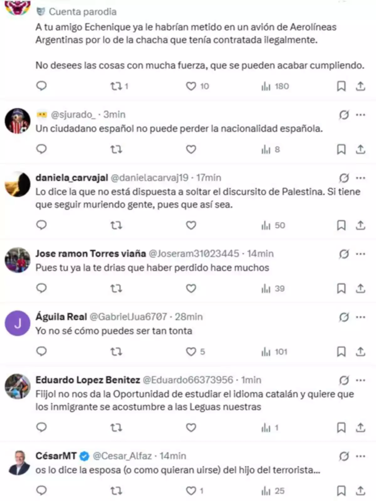 Captura de pantalla de una serie de tuits en español con opiniones y comentarios sobre temas políticos y sociales, algunos con tono sarcástico o crítico, publicados por diferentes usuarios en una red social. Captura de pantalla de una serie de tuits en español con opiniones y comentarios sobre temas políticos y sociales, algunos con tono sarcástico o crítico, publicados por diferentes usuarios en una red social.