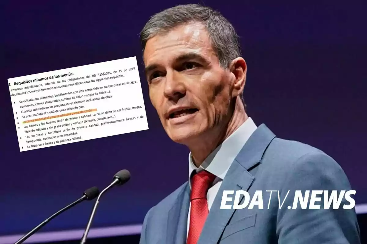 Hombre de traje y corbata roja hablando frente a un micrófono con un documento de requisitos de menús resaltado y el logo de EDATV.NEWS