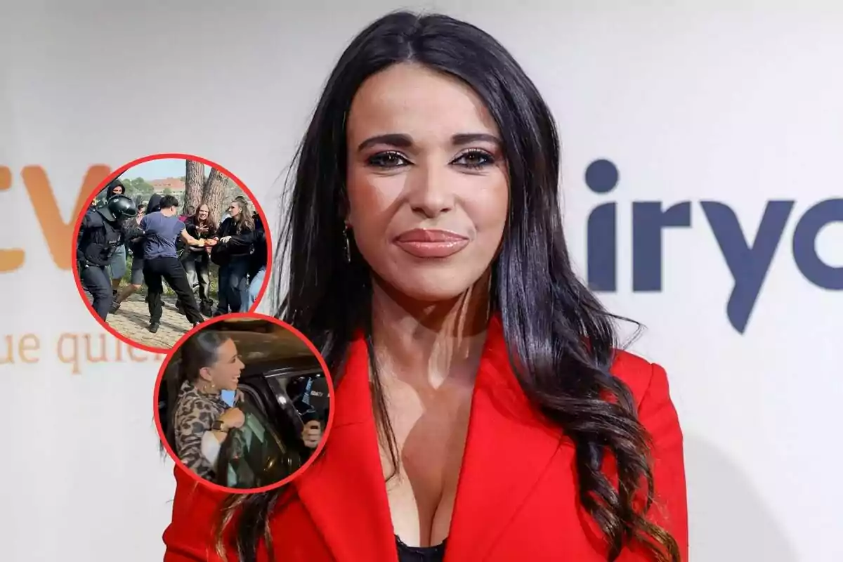 Mujer de cabello oscuro y largo con saco rojo posando frente a un fondo claro con dos recuadros circulares que muestran escenas de altercados y entrevistas