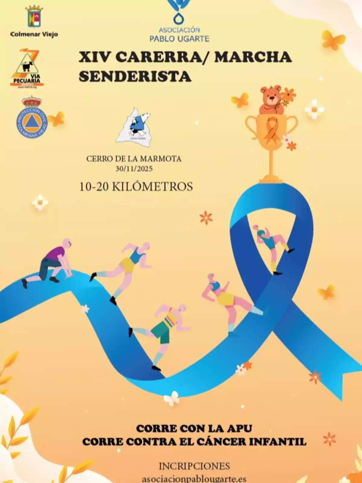 Cartel promocional de una carrera y marcha senderista organizada por la Asociación Pablo Ugarte para apoyar la lucha contra el cáncer infantil, con ilustraciones de corredores sobre un lazo azul y una copa con un oso de peluche, e información sobre la fecha, distancia y lugar del evento