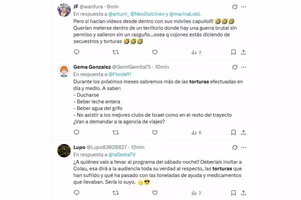 Captura de pantalla de tres tuits en los que los usuarios comentan de forma irónica sobre supuestas torturas y secuestros, mencionando situaciones cotidianas como ducharse, beber leche o agua del grifo, y haciendo referencia a la cobertura mediática del tema. Captura de pantalla de tres tuits en los que los usuarios comentan de forma irónica sobre supuestas torturas y secuestros, mencionando situaciones cotidianas como ducharse, beber leche o agua del grifo, y haciendo referencia a la cobertura mediática del tema.