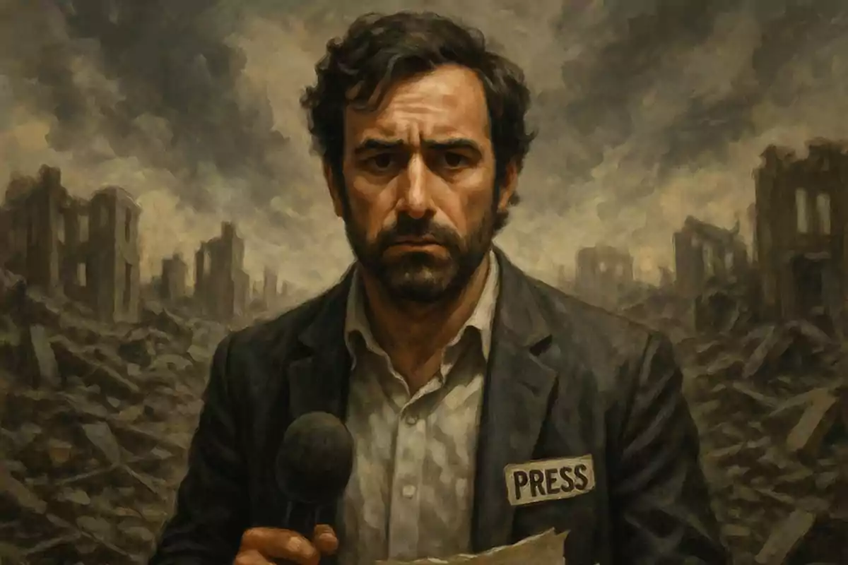 Periodista con expresión seria sostiene un micrófono y una hoja mientras está de pie entre ruinas y edificios destruidos bajo un cielo nublado