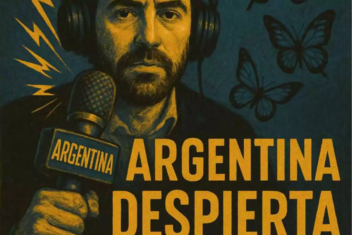 Ilustración de un hombre con auriculares y micrófono que dice Argentina, acompañado de mariposas y el texto Argentina Despierta en letras grandes.