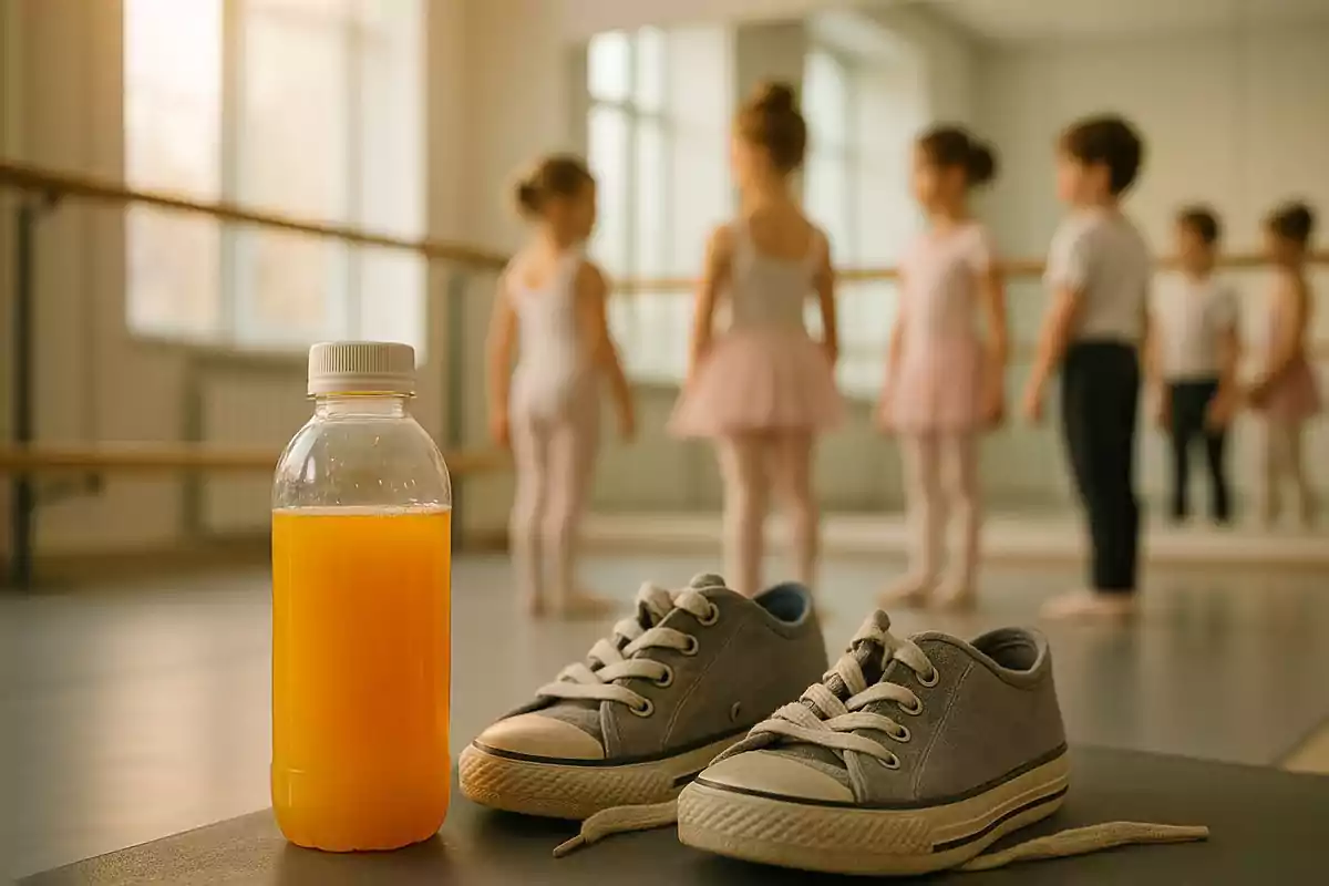 Botella de jugo y un par de tenis grises en primer plano con niños en ropa de ballet desenfocados al fondo en un salón de danza