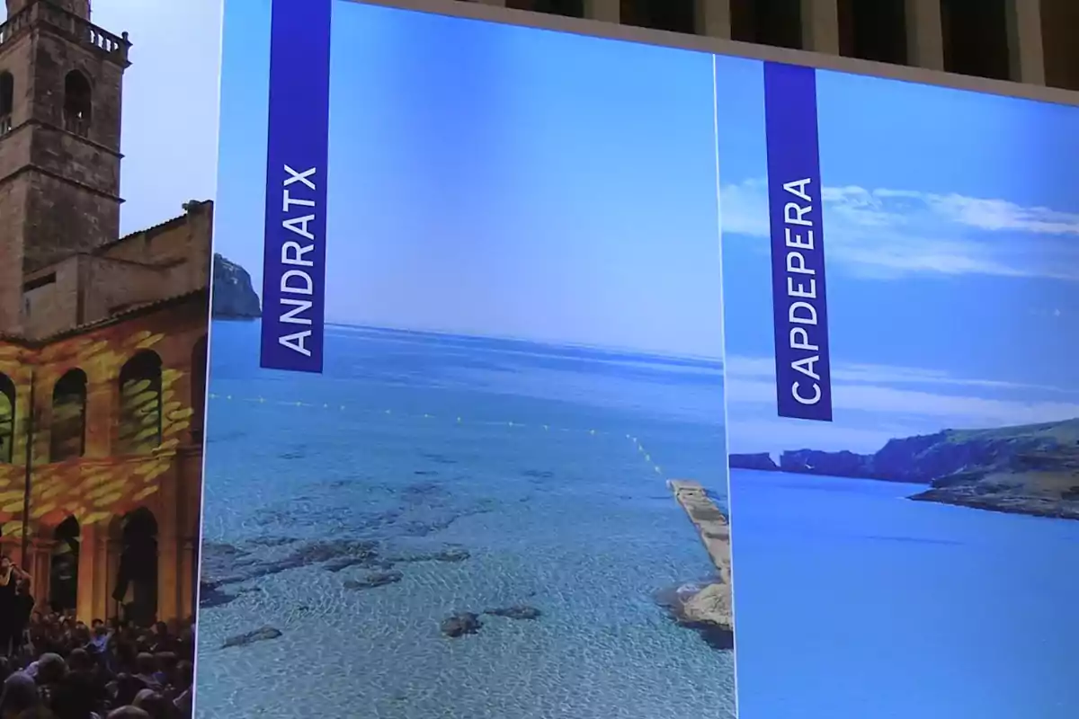 Carteles promocionales de Andratx y Capdepera con imágenes de paisajes costeros y una iglesia antigua