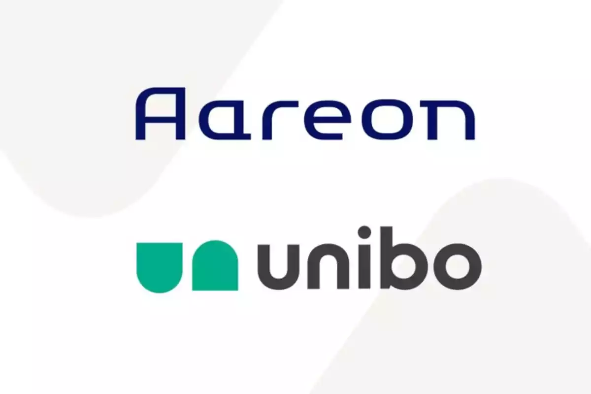 Logotipos de Aareon y Unibo sobre un fondo blanco con formas curvas en color beige claro