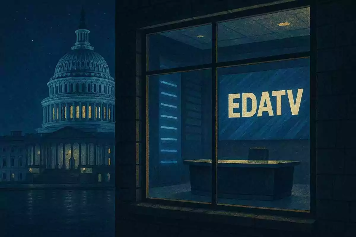 Vista nocturna de un estudio de televisión vacío con el letrero EDATV en la pantalla y el Capitolio iluminado al fondo