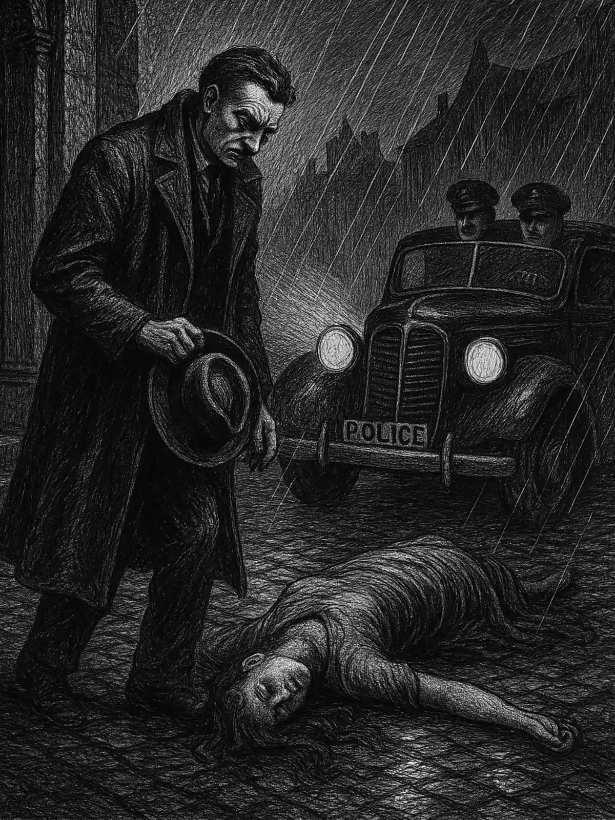 Un hombre con abrigo oscuro y sombrero en la mano observa con preocupación a una mujer tendida en el suelo bajo la lluvia mientras un coche de policía con dos agentes se detiene cerca en una calle oscura Un hombre con abrigo oscuro y sombrero en la mano observa con preocupación a una mujer tendida en el suelo bajo la lluvia mientras un coche de policía con dos agentes se detiene cerca en una calle oscura