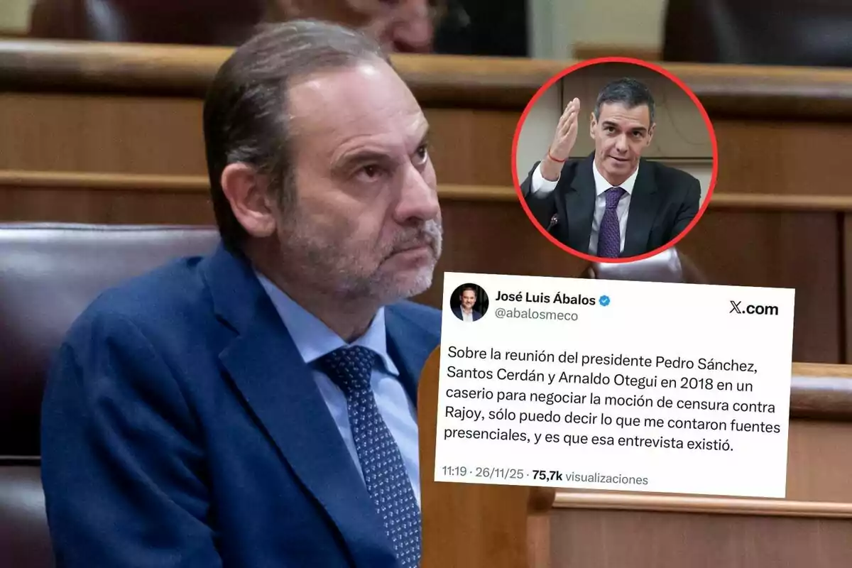 Un hombre con expresión seria está sentado en un escaño, sobre la imagen aparece un recuadro con la foto de otro hombre levantando la mano y un tuit en el que se menciona una reunión política entre varias personas.